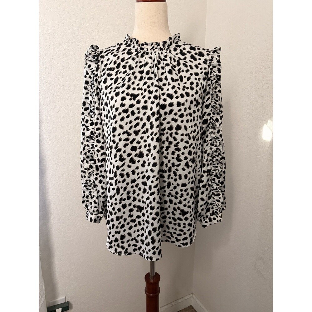 EUC J Crew Animal Print Ruffled Collar Blouse Size Medium Long Sleeve